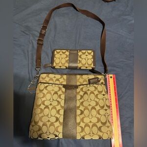 Coach Signature Brown and Tan Bag with Wallet